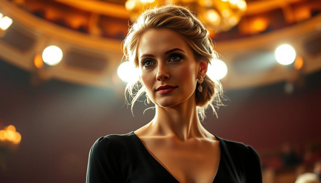 Elegant and poised, Hanna Turnau, a renowned Polish actress, stands in the spotlight, her captivating gaze commanding the attention of the audience. Bathed in a warm, golden light, she embodies the grace and confidence of a seasoned performer. The background is a rich, cinematic setting, with hints of a grand theater or film set, suggesting the grandeur of her career. The composition is carefully balanced, drawing the viewer's eye to Hanna's striking features and the subtle details of her costume, which reflect her impeccable style and the sophistication of her craft. This image captures the essence of Hanna Turnau's remarkable acting career, her talent and charisma shining through every aspect of the frame. Elegant and poised, Hanna Turnau, a renowned Polish actress, stands in the spotlight, her captivating gaze commanding the attention of the audience. Bathed in a warm, golden light, she embodies the grace and confidence of a seasoned performer. The background is a rich, cinematic setting, with hints of a grand theater or film set, suggesting the grandeur of her career. The composition is carefully balanced, drawing the viewer's eye to Hanna's striking features and the subtle details of her costume, which reflect her impeccable style and the sophistication of her craft. This image captures the essence of Hanna Turnau's remarkable acting career, her talent and charisma shining through every aspect of the frame.