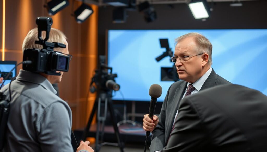 Eugeniusz Mleczak podczas wywiadu telewizyjnego - element jego życiorysu medialnego Eugeniusz Mleczak podczas wywiadu telewizyjnego - element jego życiorysu medialnego