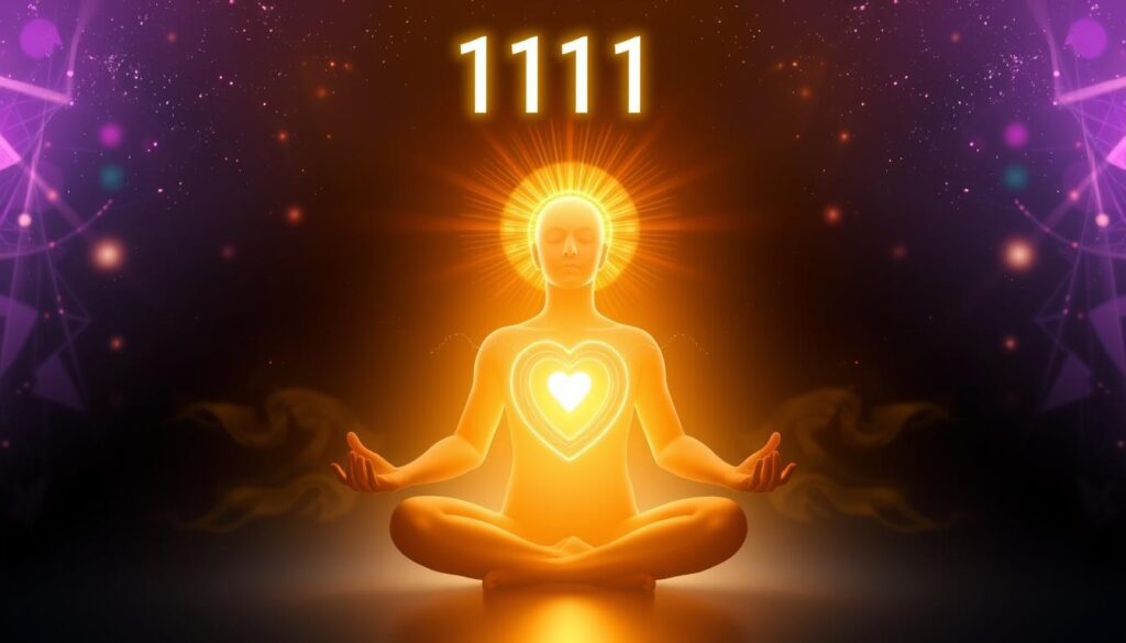 Osoba medytująca z sercem otoczonym światłem i liczbą 111 Osoba medytująca z sercem otoczonym światłem i liczbą 111