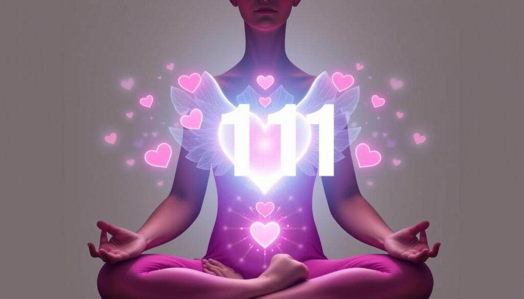 Osoba medytująca z wizualizacją liczby 111 i symboli miłości Osoba medytująca z wizualizacją liczby 111 i symboli miłości