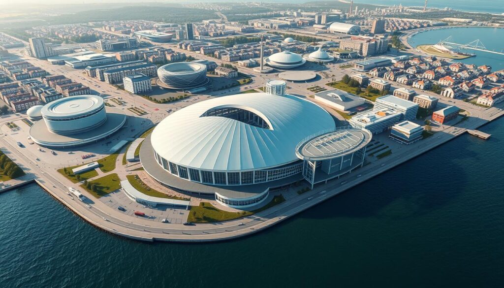 Panoramiczna wizualizacja kompleksu Oceanarium Nautilus Gdańsk z lotu ptaka Panoramiczna wizualizacja kompleksu Oceanarium Nautilus Gdańsk z lotu ptaka