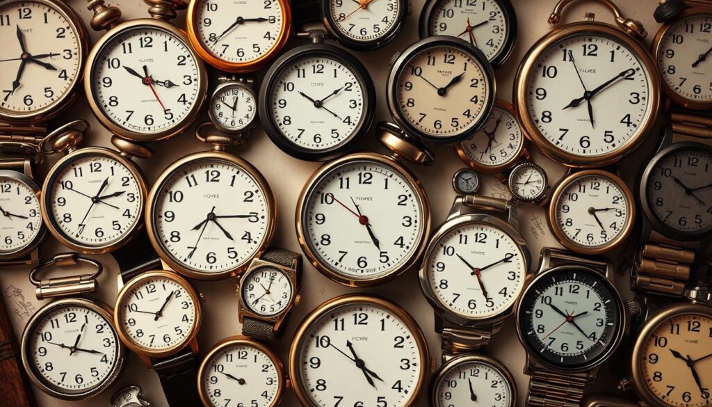 Różne zegary pokazujące godzinę 10:10 symbolizujące 1010 znaczenie Różne zegary pokazujące godzinę 10:10 symbolizujące 1010 znaczenie