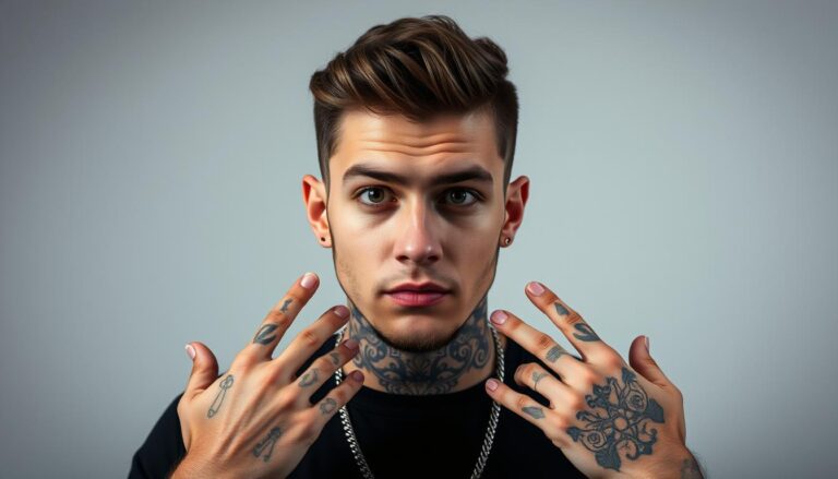 Szymon Sobel - portret młodego rapera z charakterystycznymi tatuażami na twarzy i dłoniach, sobel wiek