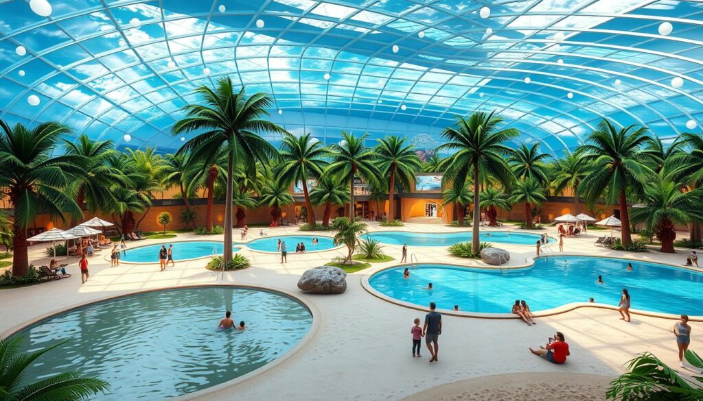 Wizualizacja Egzotycznej Laguny w Oceanarium Nautilus Gdańsk - tropikalna plaża z palmami i basenami Wizualizacja Egzotycznej Laguny w Oceanarium Nautilus Gdańsk - tropikalna plaża z palmami i basenami