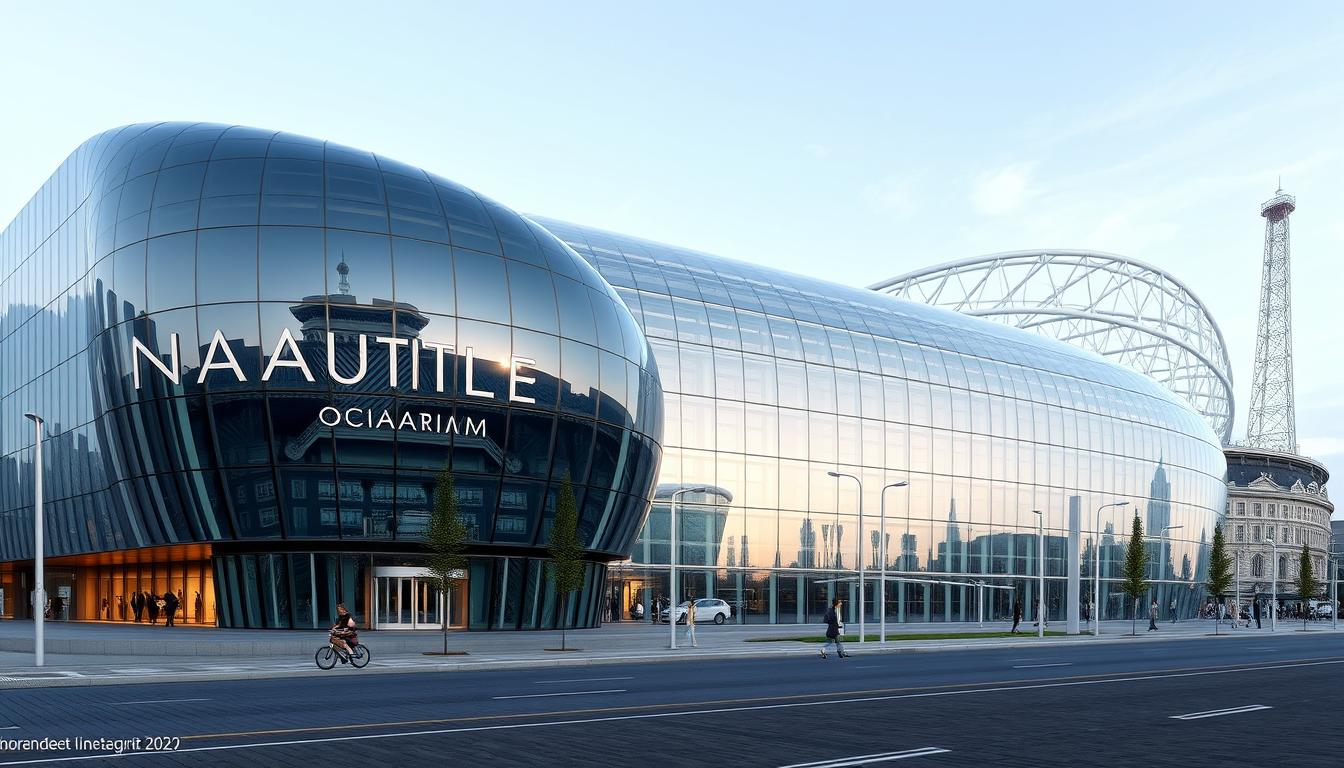 Wizualizacja Oceanarium Nautilus Gdańsk - widok z zewnątrz kompleksu przy stadionie Energa Gdańsk