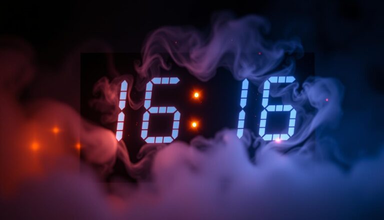 Zegar pokazujący godzinę 16:16 z symbolami numerologicznymi