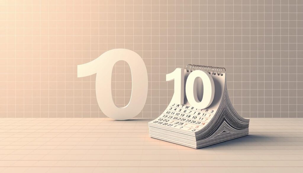 A detailed illustration of the concept of a decade, showcasing the number of days it encompasses. In the foreground, a modern, minimalist calendar grid overlaid with a bold, numeric "10" to represent the ten-year span of a decade. The middle ground features a seamless transition from the calendar into a sleek, three-dimensional depiction of the number of days in a decade, visualized as a cascading stack of calendar pages. The background subtly echoes the gridded pattern, creating a sense of depth and precision. The overall composition is rendered in a muted, sophisticated color palette with a touch of metallic accents, conveying a harmonious balance between the abstract and the practical.