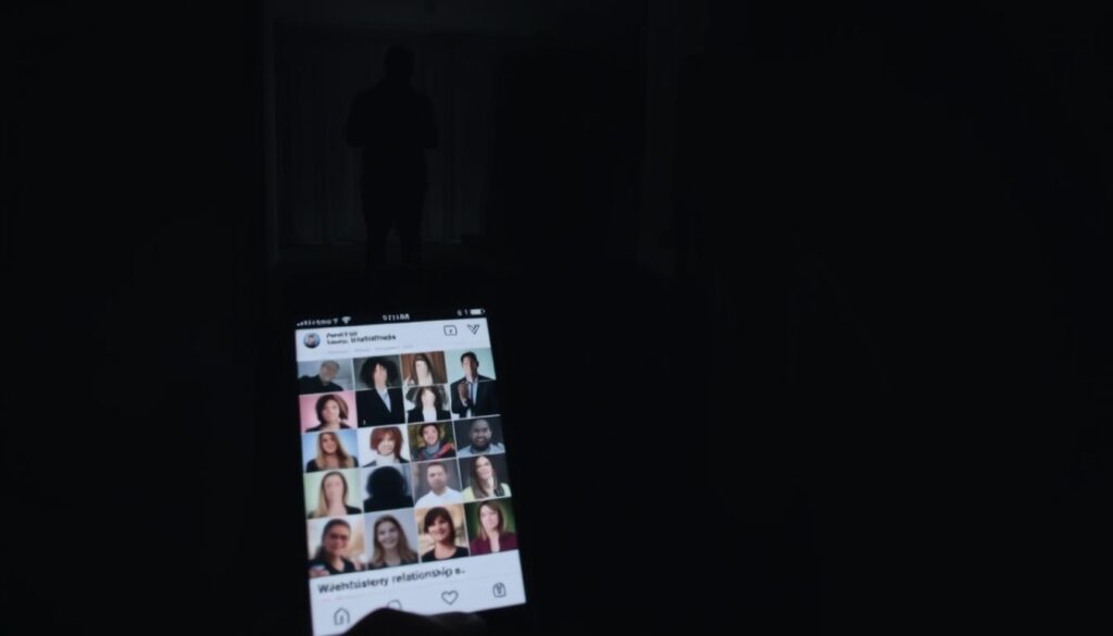 A dimly lit room, shadows cast across the walls, a sense of secrecy and isolation. In the foreground, a smartphone screen displays a collage of carefully curated social media profiles, with certain individuals intentionally excluded. The middle ground features a silhouetted figure, their face obscured, representing the individual potentially hiding relationships. The background is hazy, suggesting a sense of uncertainty and unease. The lighting is dramatic, emphasizing the tension and the hidden narratives within the scene. The overall atmosphere conveys the subtle, yet telling signs that someone may be intentionally excluding others from their online social circles. A dimly lit room, shadows cast across the walls, a sense of secrecy and isolation. In the foreground, a smartphone screen displays a collage of carefully curated social media profiles, with certain individuals intentionally excluded. The middle ground features a silhouetted figure, their face obscured, representing the individual potentially hiding relationships. The background is hazy, suggesting a sense of uncertainty and unease. The lighting is dramatic, emphasizing the tension and the hidden narratives within the scene. The overall atmosphere conveys the subtle, yet telling signs that someone may be intentionally excluding others from their online social circles.