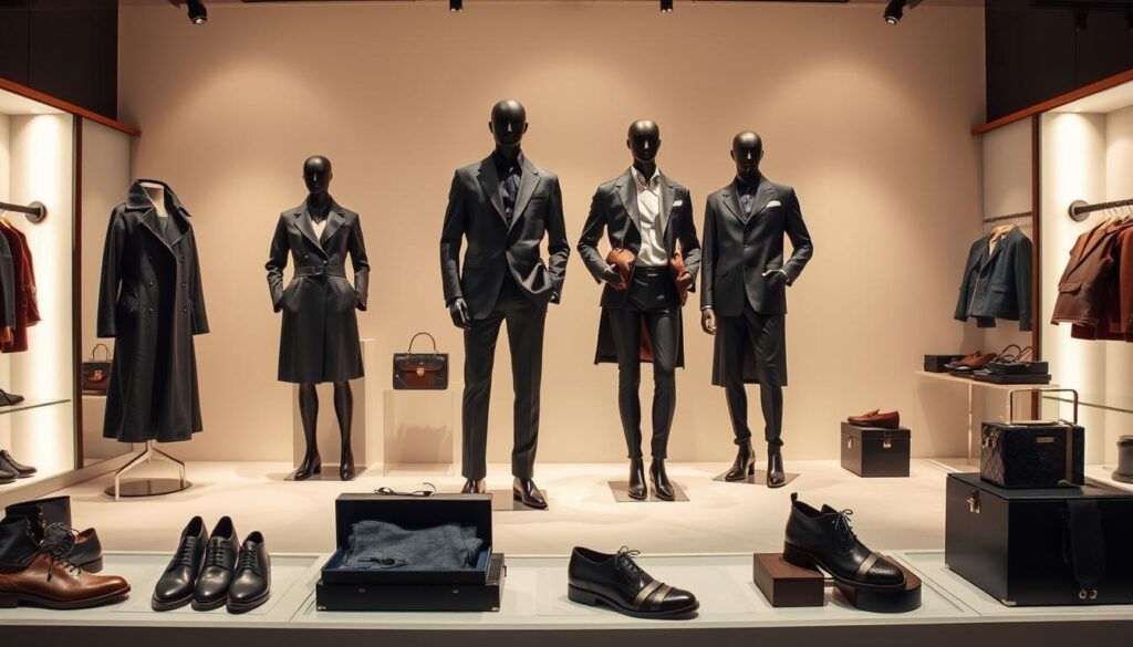 A high-end fashion collection featuring a range of stylish and sophisticated products by renowned designer John Richmond. The foreground showcases an assortment of luxury garments, accessories, and footwear, beautifully displayed against a minimalist, well-lit backdrop. The middle ground features mannequins dressed in Richmond's signature bold, edgy designs, captured in a flattering, cinematic lighting setup. The background subtly suggests an upscale retail environment, with clean lines, neutral tones, and elegant fixtures that complement the brand's aesthetic. The overall mood is one of refined elegance, high quality, and fashion-forward sensibilities, reflecting John Richmond's distinctive creative vision.