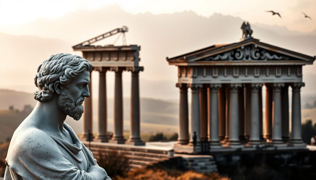 Detailed illustration of the etymology and origin of the term "decade". A classical marble sculpture in the foreground, depicting a scholar or philosopher in deep contemplation. Ornate ancient Greek architectural details in the middle ground, with columns, pediments, and intricate carvings. In the background, a hazy, dreamlike landscape with rolling hills and an overcast sky, evoking a timeless, historical atmosphere. Warm, muted lighting casts dramatic shadows, creating a sense of gravitas and intellectual inquiry. The overall composition conveys the scholarly pursuit of understanding the historical roots and conceptual evolution of the measurement of time.