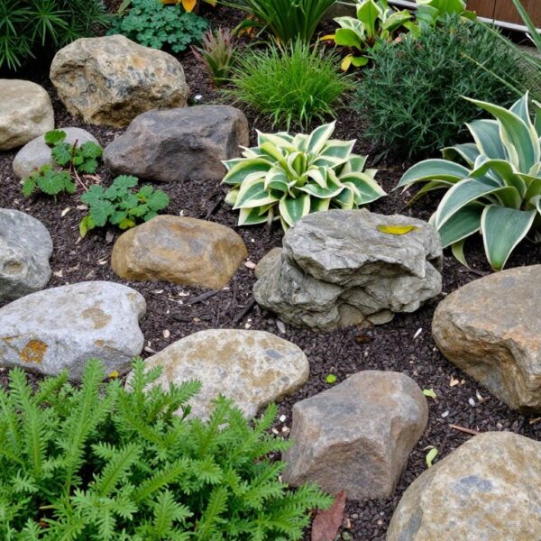 Kamień polny w ogrodzie ułożony w naturalną kompozycję z roślinami