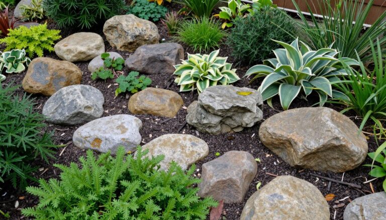 Kamień polny w ogrodzie ułożony w naturalną kompozycję z roślinami