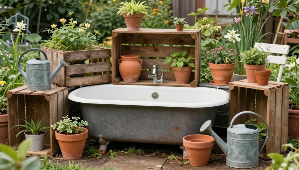 Aranżacja ogrodu z wanną i dekoracjami z recyklingu, takimi jak stare donice i meble