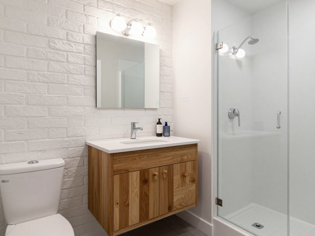 Biała cegła w małej łazience loft z drewnianymi elementami