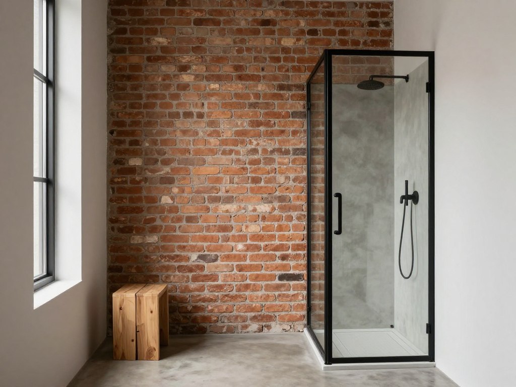 Cegła w małej łazience loft z prysznicem typu walk-in