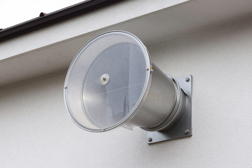 Czerpnia powietrza do kominka fi 160 zamontowana na elewacji