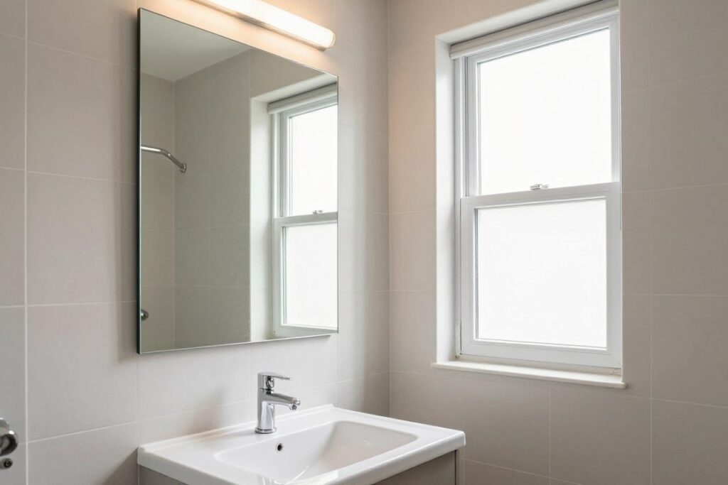 Duże lustro naprzeciwko okna w małej łazience, odbijające naturalne światło Duże lustro naprzeciwko okna w małej łazience, odbijające naturalne światło