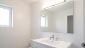 Duże lustro w małej łazience odbijające światło i optycznie powiększające przestrzeń