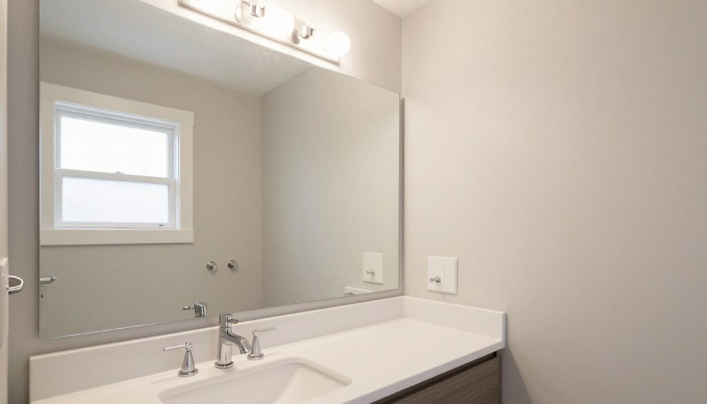 Duże lustro w małej łazience - przykład idealnego dopasowania i efektu optycznego powiększenia przestrzeni Duże lustro w małej łazience - przykład idealnego dopasowania i efektu optycznego powiększenia przestrzeni