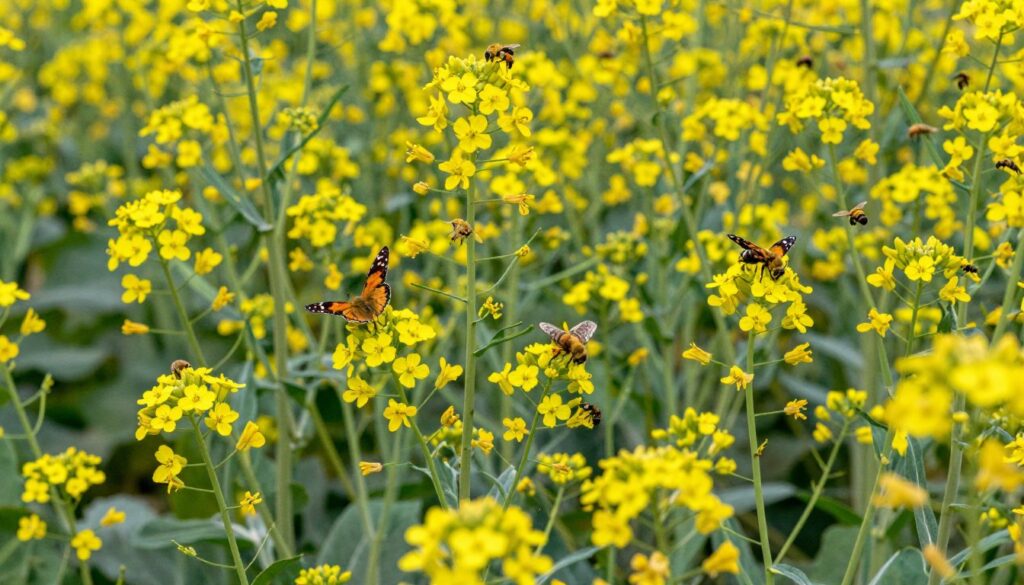 Ekosystem polny z różnorodnymi żółtymi kwiatami na polu uprawnym i owadami zapylającymi