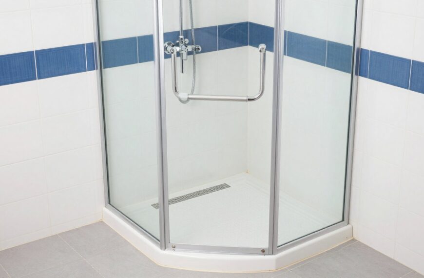 Kabina prysznicowa dla seniora z odpływem liniowym i poręczami