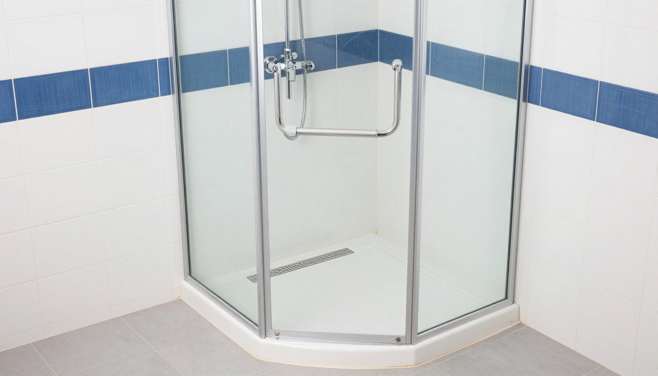 Kabina prysznicowa dla seniora z odpływem liniowym i poręczami