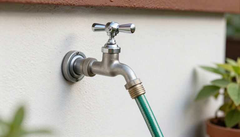 Kran ogrodowy zamontowany na elewacji domu z podłączonym wężem ogrodowym