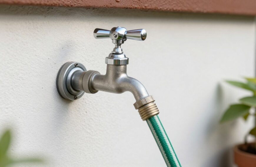 Kran ogrodowy zamontowany na elewacji domu z podłączonym wężem ogrodowym