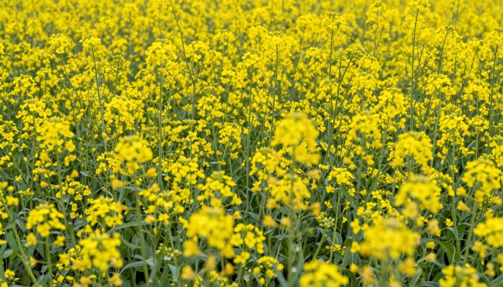 Kwitnące pole gorczycy z intensywnie żółtymi kwiatami na polu uprawnym