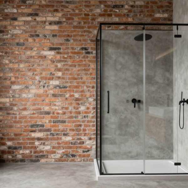 Łazienka loft z prysznicem bez brodzika, ceglaną ścianą i drewnianymi elementami