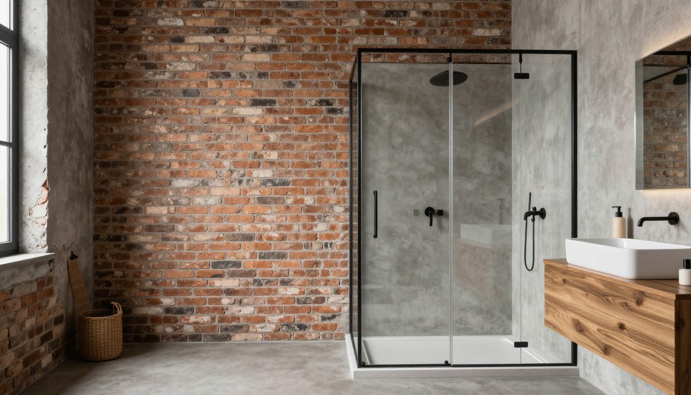 Łazienka loft z prysznicem bez brodzika, ceglaną ścianą i drewnianymi elementami