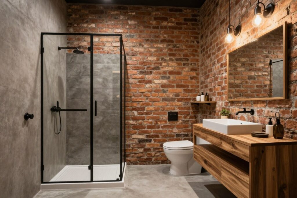 Łazienka z cegłą i drewnem w stylu loft z prysznicem