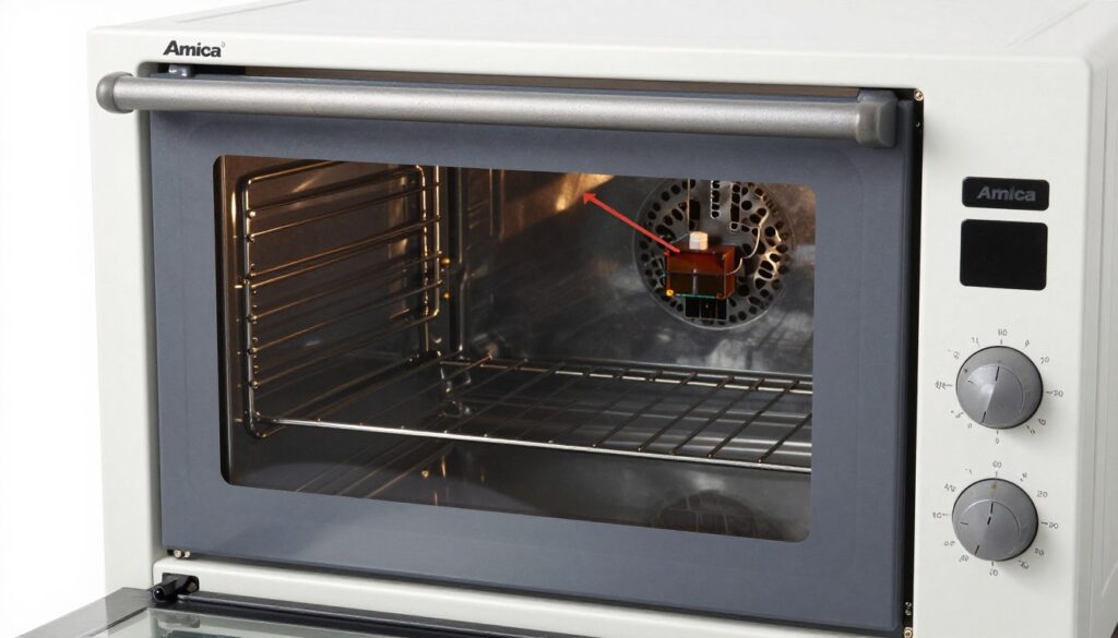 Lokalizacja bezpiecznika w piekarniku Amica - widok z tyłu urządzenia Lokalizacja bezpiecznika w piekarniku Amica - widok z tyłu urządzenia