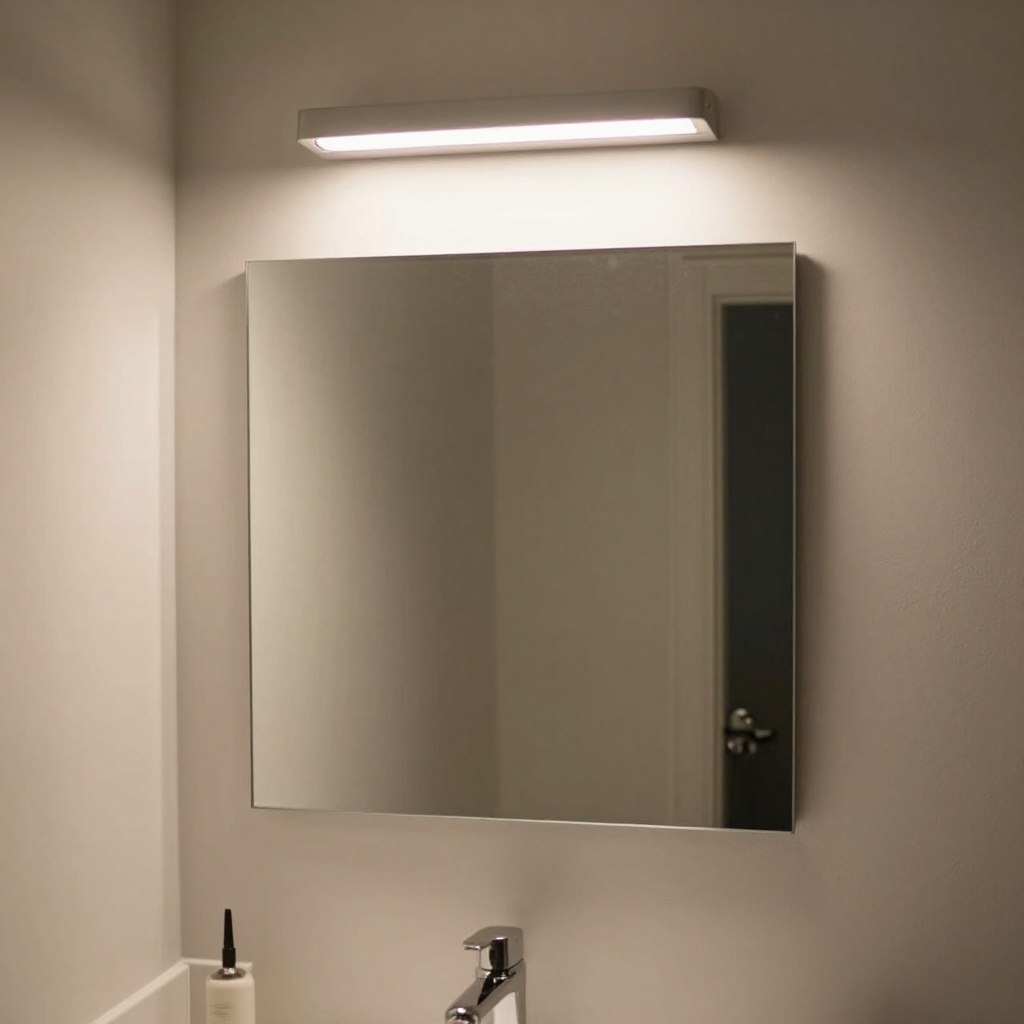 Lustro z oświetleniem górnym w małej łazience Lustro z oświetleniem górnym w małej łazience