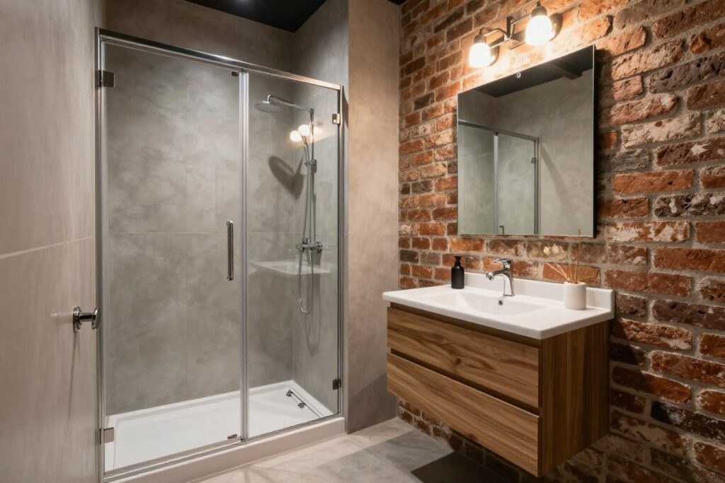 Mała łazienka loft z prysznicem bez brodzika i cegłą na ścianie