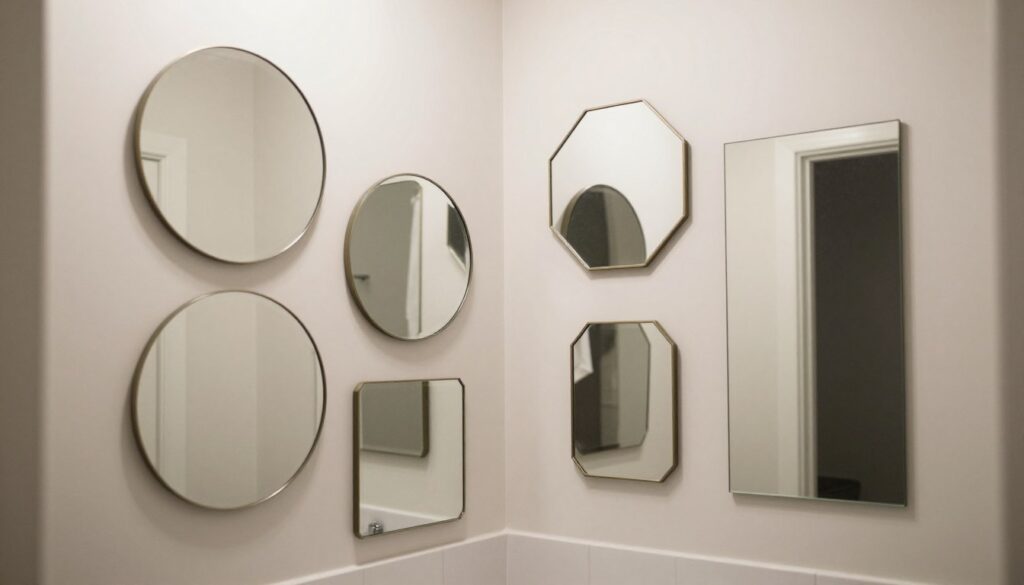 Mała łazienka z kompozycją kilku luster tworzących efekt dekoracyjny Mała łazienka z kompozycją kilku luster tworzących efekt dekoracyjny
