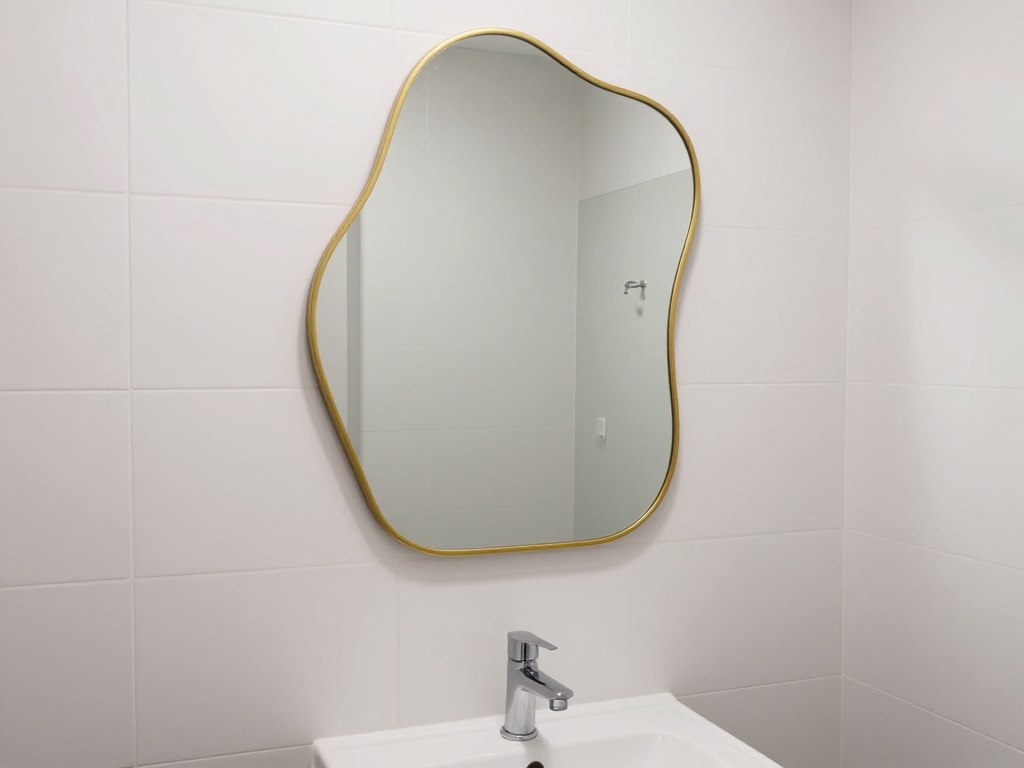 Mała łazienka z lustrem o nieregularnym kształcie jako element dekoracyjny Mała łazienka z lustrem o nieregularnym kształcie jako element dekoracyjny