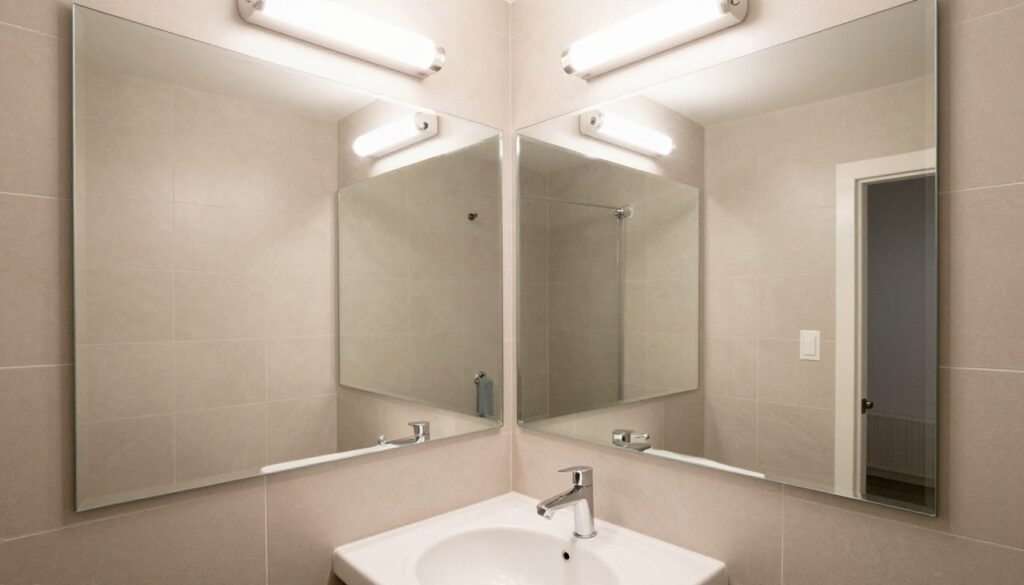 Mała łazienka z lustrem pokrywającym całą ścianę, tworzącym efekt podwojonej przestrzeni Mała łazienka z lustrem pokrywającym całą ścianę, tworzącym efekt podwojonej przestrzeni