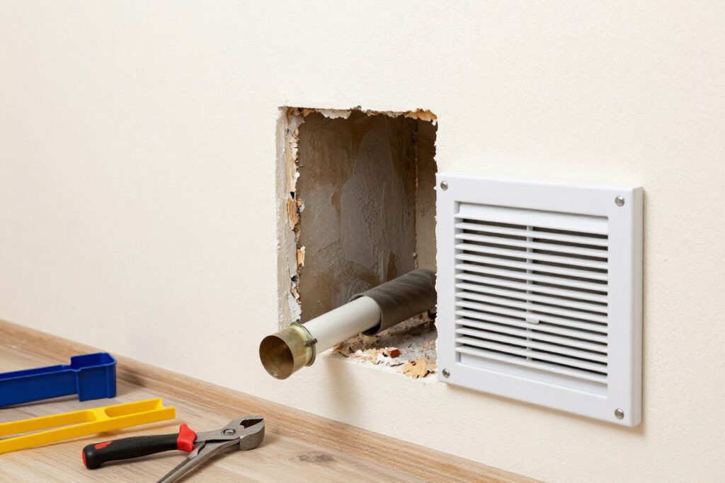 Montaż czerpni powietrza do kominka w ścianie zewnętrznej