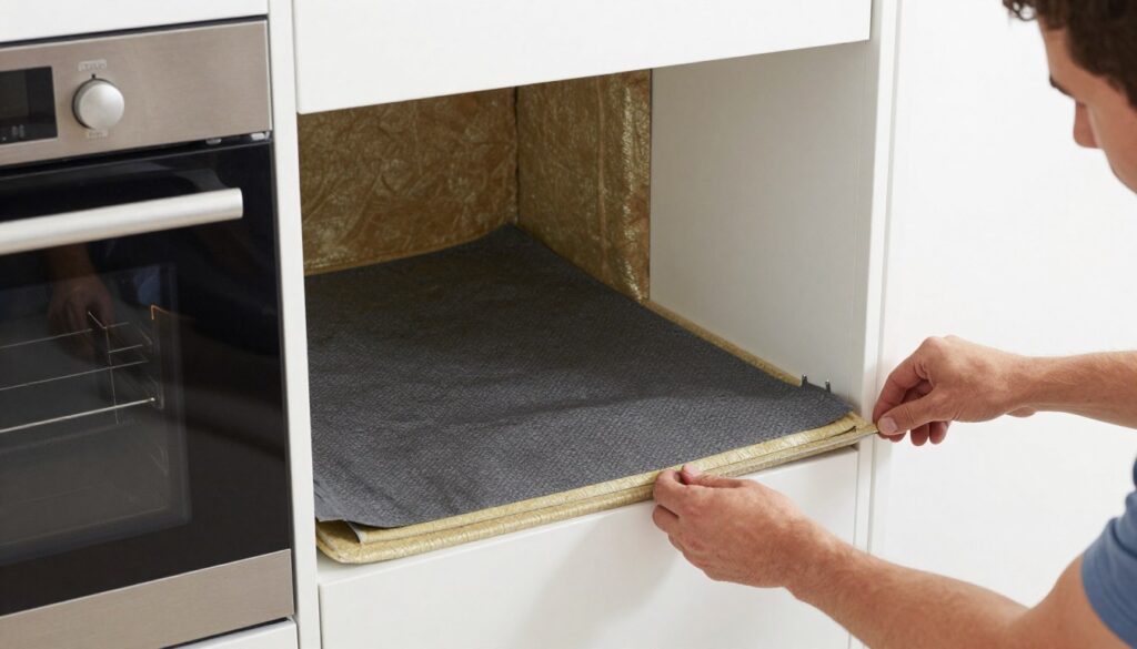 Montaż maty izolacyjnej podczas zabudowy piekarnika w słupku