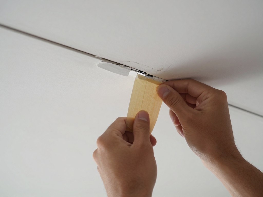 Nakładanie taśmy zbrojącej na pęknięcie sufitu podwieszanego