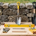 Narzędzia i materiały potrzebne do budowy muru z kamienia polnego bez zaprawy, w tym różne rodzaje kamieni, łopata, poziomica i sznurek