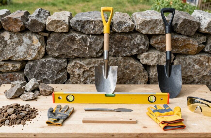 Narzędzia i materiały potrzebne do budowy muru z kamienia polnego bez zaprawy, w tym różne rodzaje kamieni, łopata, poziomica i sznurek