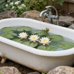 Oczko wodne stworzone ze starej wanny w ogrodzie z roślinami wodnymi i kamieniami