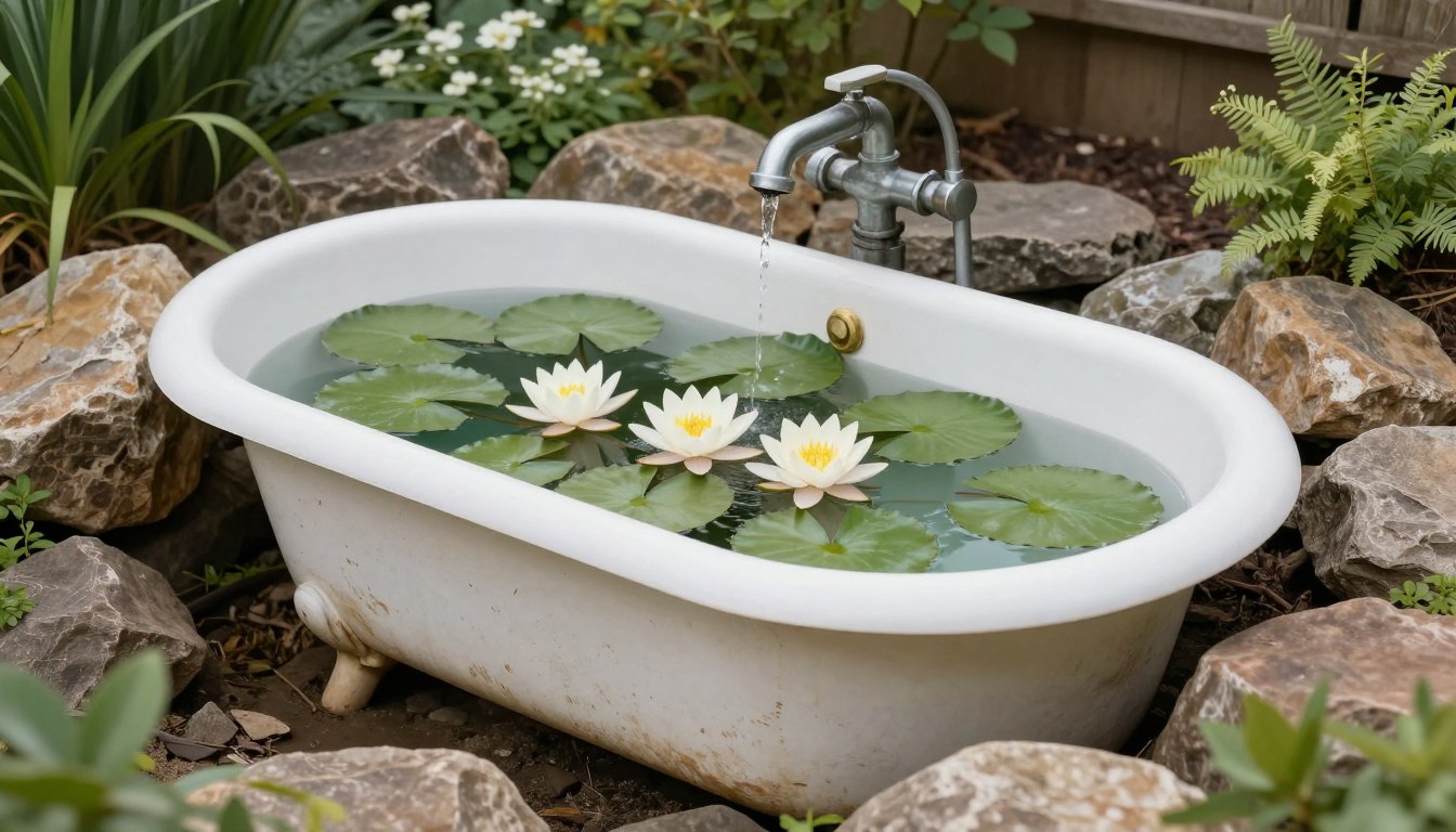 Oczko wodne stworzone ze starej wanny w ogrodzie z roślinami wodnymi i kamieniami