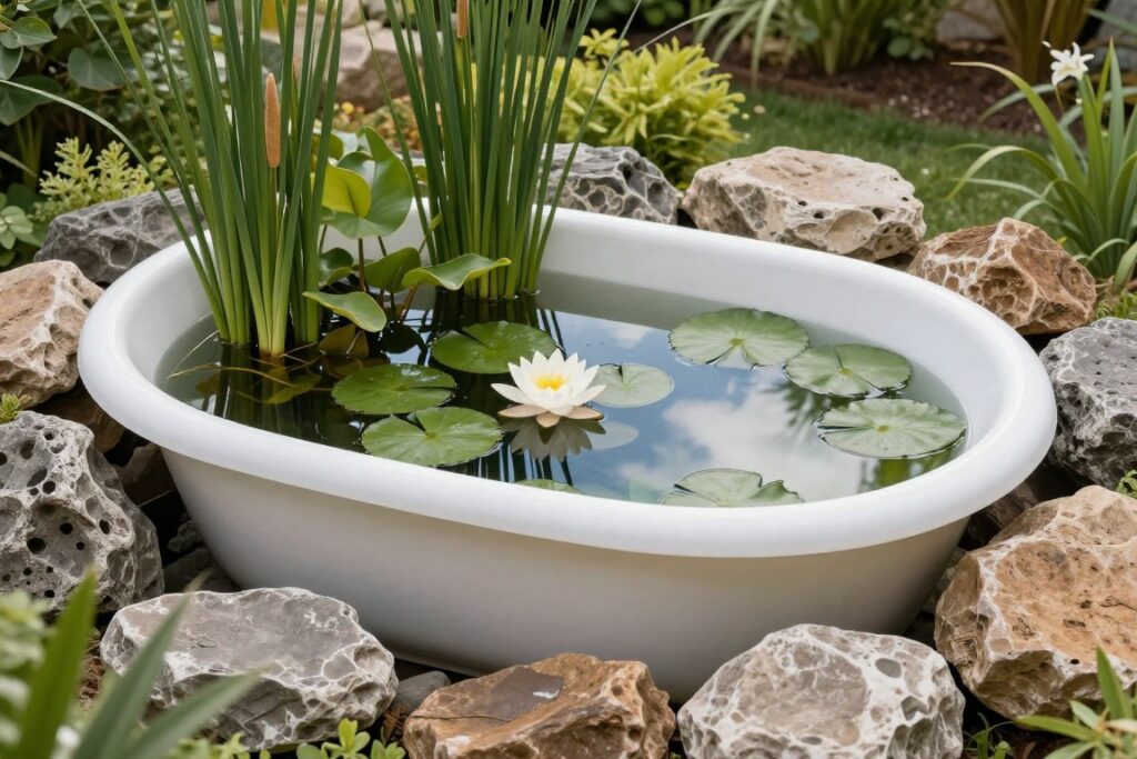 Oczko wodne z wanny obsadzone roślinami wodnymi i otoczone kamieniami w ogrodzie
