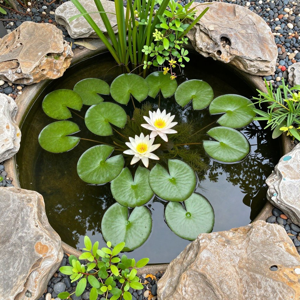 Oczko wodne z wanny z liliami wodnymi i ozdobnymi kamieniami wokół