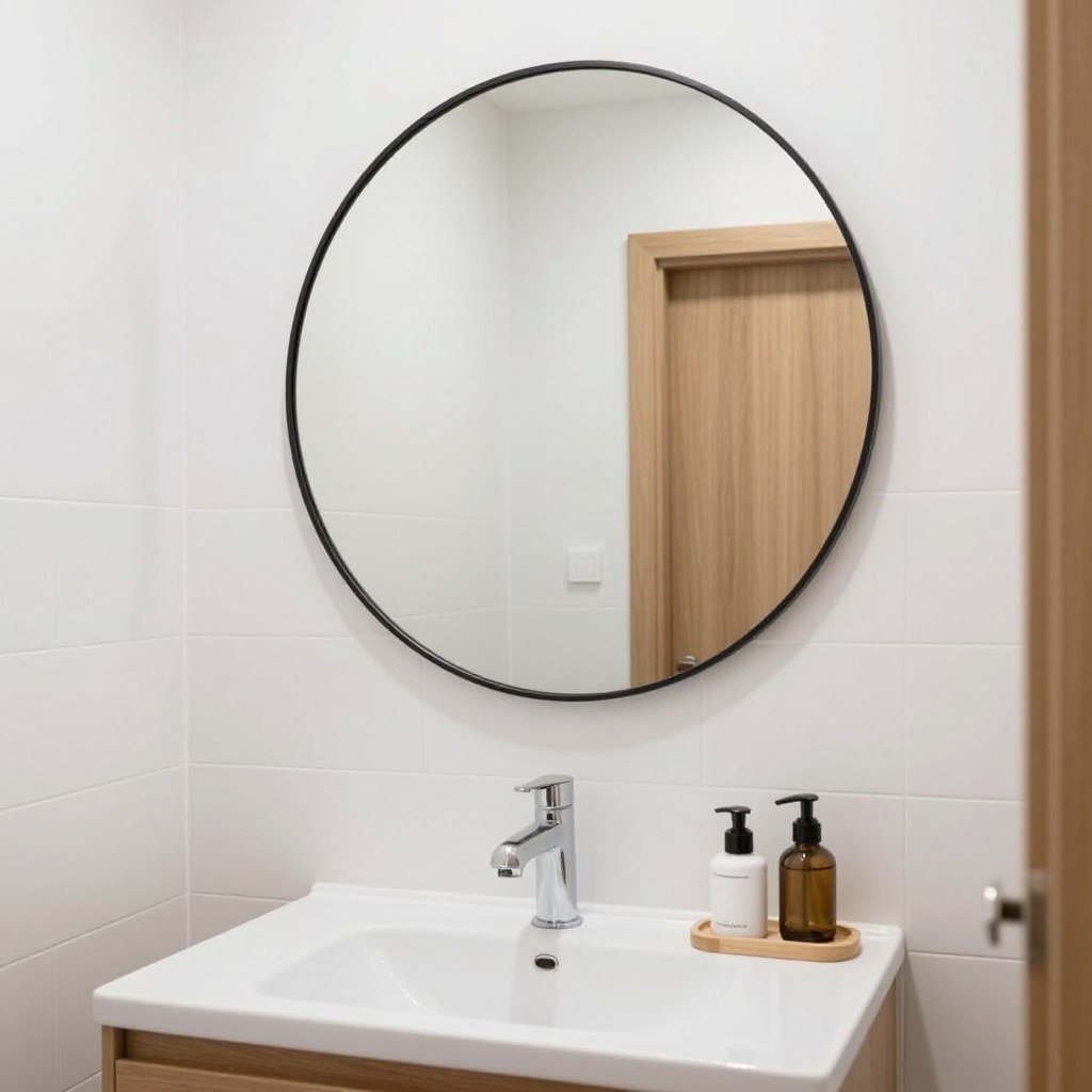 Okrągłe lustro w małej łazience w stylu skandynawskim Okrągłe lustro w małej łazience w stylu skandynawskim