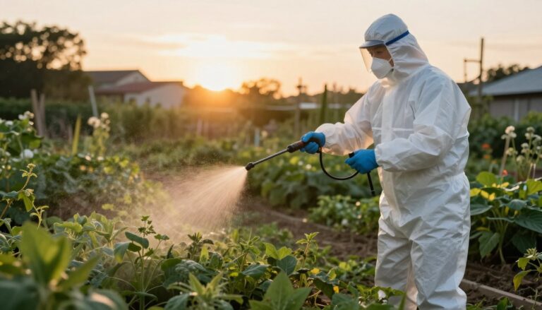 Oprysk na chwasty wykonywany wieczorem, gdy słońce zachodzi