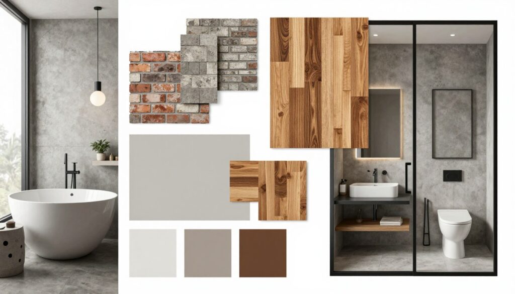 Paleta kolorów i materiałów w łazience loft z prysznicem